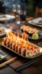 Sushi rolls on fire on a black plate