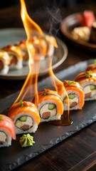Sushi rolls on fire on a black plate