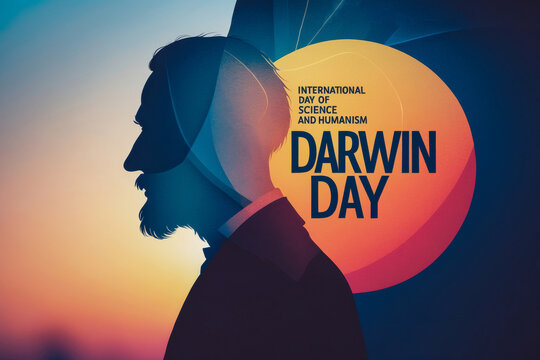 Greeting card postcard on international holiday of science and humanism Darwin Day AI Generative
