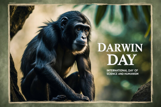 Greeting card postcard on international holiday of science and humanism Darwin Day AI Generative