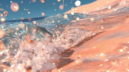 Sparkling ocean wave with water droplets on sandy shore, glowing under warm light against blue sky, representing nature, summer, and serene coastal aesthetic. Concept of marine beauty