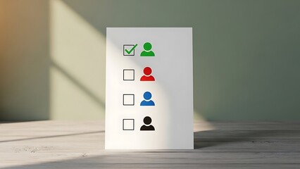 A white rectangular object featuring four distinct colored icons on its surface in a neat organized arrangement