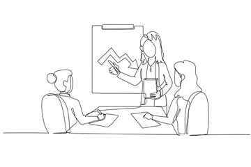 Single one line drawing three women in business meeting, with one presenting fluctuating arrow chart, discussion on market challenges and strategic planning. Continuous line design vector illustration
