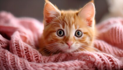 ginger kitten lying on a soft pink knitted blanket close up with cozy and warm atmosphere