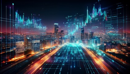 abstract financial data overlay on a city at night