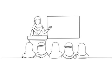 Single continuous line drawing Arab female speaker wearing hijab, addressing audience colleagues wearing traditional head coverings. Business lecture. One line draw graphic design vector illustration