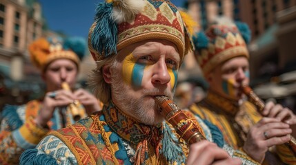 Musicians in colorful traditional costumes and patterned hats, playing wooden flutes outdoors under bright blue sky. Face paint and ornate attire evoke cultural performance, and folk music concepts.