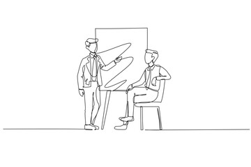 Single one line drawing two businessman in office, one presenting finance report to his colleague. Discussion on volatile business performance. Continuous line draw design graphic vector illustration
