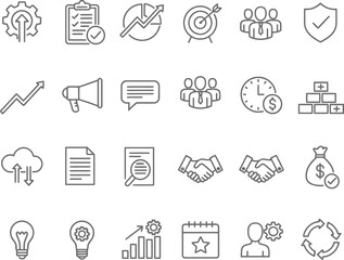 Set of business and management line icons, strategy, teamwork, time management and financial growth