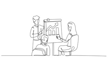 Single one line drawing three colleagues in business presentation reviewing flip chart with upward trend bar graph. Successful financial growth. Continuous line draw design graphic vector illustration