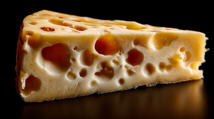 Elegant Studio Shot of a Wedge of Swiss Cheese with Holes, Isolated on a Black Background