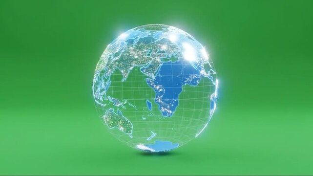 Digital earth globe with glowing city lights on green screen background.