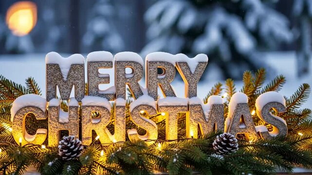 Merry Christmas stone text covered in snow with pine branches and warm lights