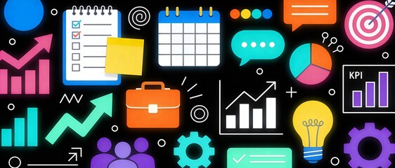Kpi performance card with marketing, chart, graph, target, strategy, analysis, management