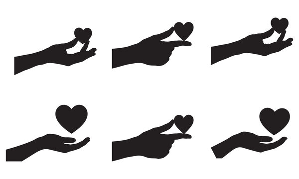 Set of six black silhouettes of hands holding small hearts