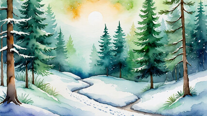 The sun's soft sigh - a frosted trail leading into the emerald silence, watched by the ancient, snow-crowned monarchs of the wood