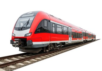 Naklejka premium Modern commuter railway vehicle travels along tracks against a white background