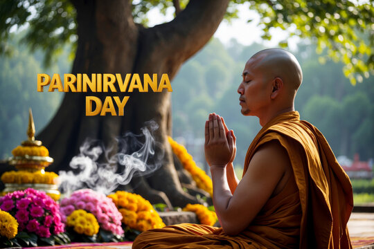 Greeting card Buddhist holiday Parinirvana Day in honor of Buddha reached full Nirvana AI Generative