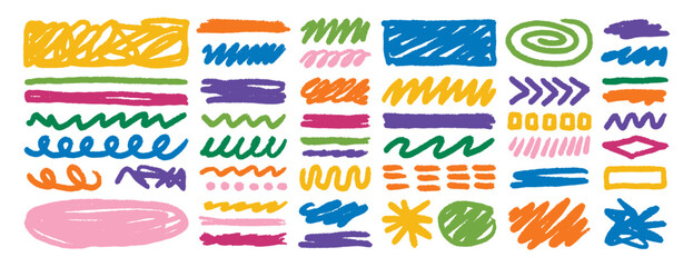 Hand drawn wax crayon doodle strokes colorful sketch art set