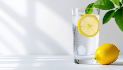 Minimalistic Iced Lemon Water in a Glass with Clean Refreshing Aesthetic