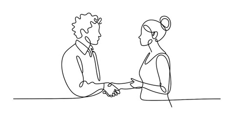 Continuous line art of a man and woman shaking hands, representing business partnership Vector, illustration