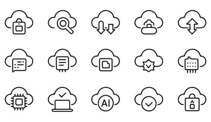 Fototapeta premium Minimal cloud computing icons for storage, AI, security, upload, download, and data operations