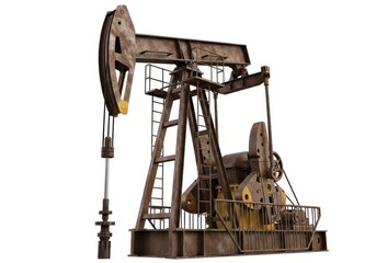 Heavily weathered oil extraction pump jack assembly shown in isolation against a white background
