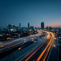Fototapeta premium Dynamic Night Scene of Urban Roads with Flowing Light Trails and a Network of Connections in a Modern Cityscape