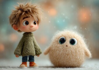 Cute little boy character with fluffy friend in dreamy fantasy illustration