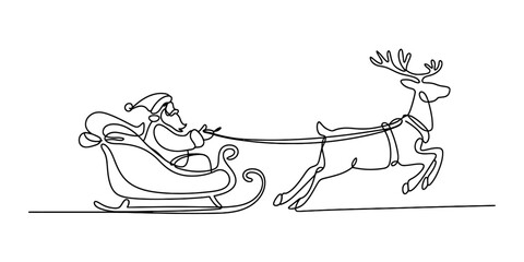 Santa claus riding a sleigh pulled by a reindeer in continuous line drawing style Vector, illustration