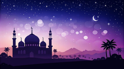 Islamic Mosque Silhouette Under a Starry Night Sky with Crescent Moon and Palm Trees