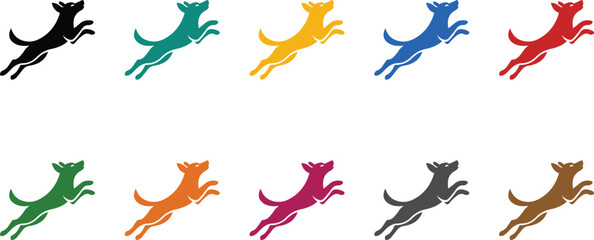 Colorful dog icons in jumping pose on white background, Multicolor dog silhouettes active pet design