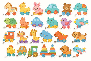 Fototapeta premium Colorful cartoon animal and vehicle stickers for kids playtime fun