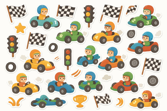 Colorful racing car stickers with diverse children drivers and checkered flags