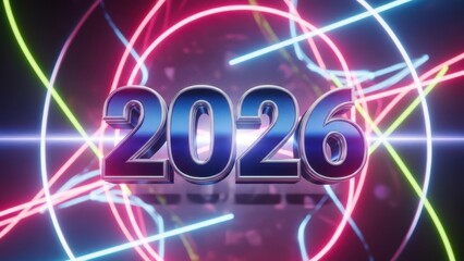 Metallic 3D numerals "2026" floating with vibrant neon light trails and bokeh effects.