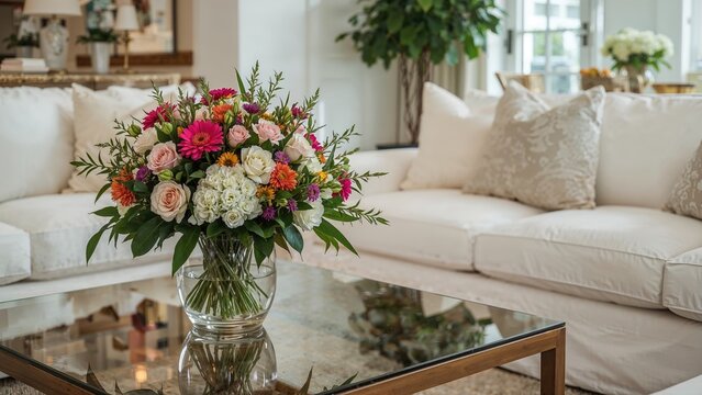 A beautiful flower bouquet in a glass vase placed on a coffee table in a bright, elegant living room setting with white sofas and decorative cushions.