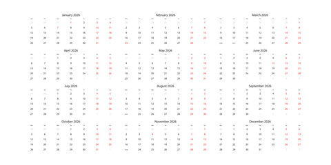 A minimalist, full-year calendar for 2026 is presented on a white background. The twelve months are arranged sequentially in a grid of three rows and four columns. Each monthly calendar displays small