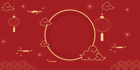 Happy Chinese new year 2026. Chinese new year banner with circle for show product. Greeting card. China frame with lantern on red background.