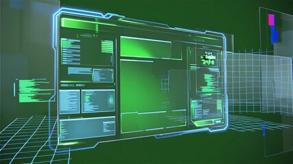 Futuristic holographic user interface displaying data and code in a green digital environment. - Powered by Adobe