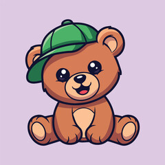 Obraz premium Cute teddy bear with green cap cartoon illustration