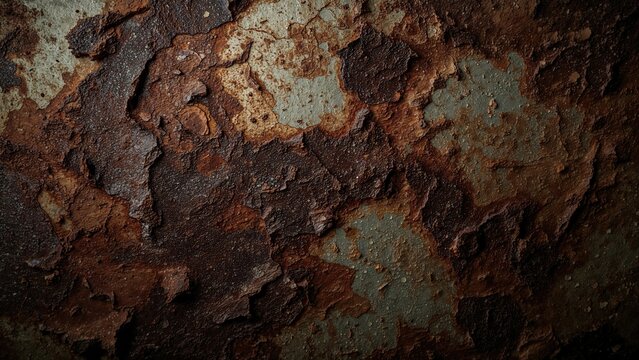 Close-up of rusted, corroded metal surface with flaky textures and reddish-brown colors.