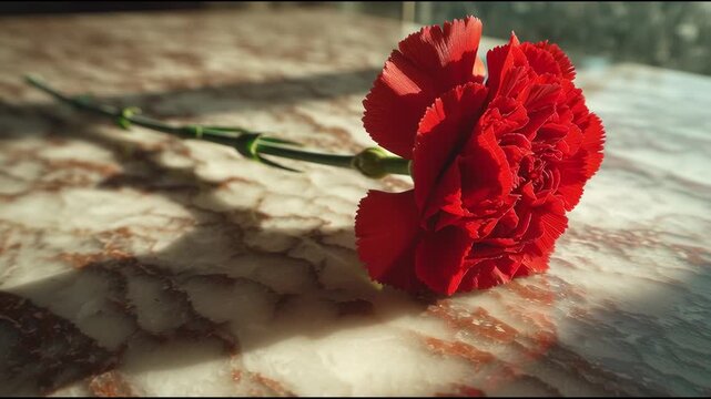 Close-up of a red carnation placed on a marble memorial surface on 10 Kasım, dramatic natural light.