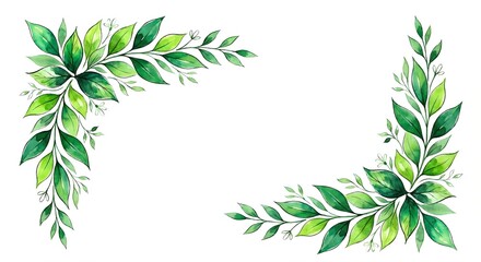 Watercolour Green Leaf Corner Frames on White Background