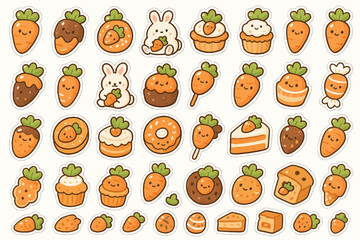 Cute kawaii carrot sweets and bunnies collection with adorable faces