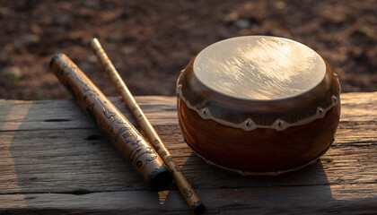 Traditional wooden drum and drumsticks resting on a rustic wooden surface in warm light.