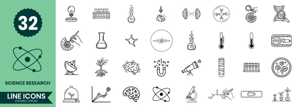 Science Research Line Icons Set Laboratory, Chemistry, Biology, Physics, Experiment & Outline Icon Pack