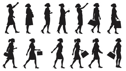 Obraz premium Vector illustration collection of black silhouettes of businesswoman in various walking poses carrying briefcases