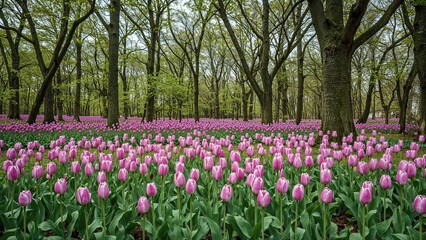 Spring forest with a field of pink tulips and tall trees. Nature and floral scenery, springtime, and vibrant colors.