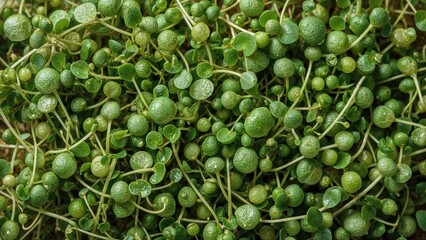 A dense cluster of green peppercorns on the vine, showcasing the fresh and unripe state of the berries.