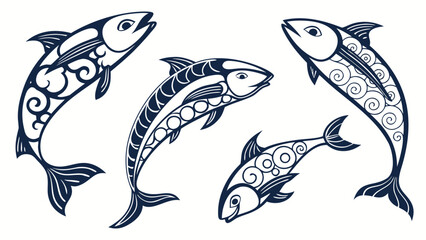 Vector illustration four stylized fish with tribal patterns on their bodies swimming in different directions